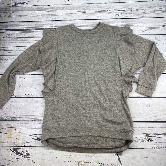 Flamingo Urban Sweaters - Gray Ruffled Shoulder Long Sleeve Top Knit Sweater Shirt Pullover Women's Large